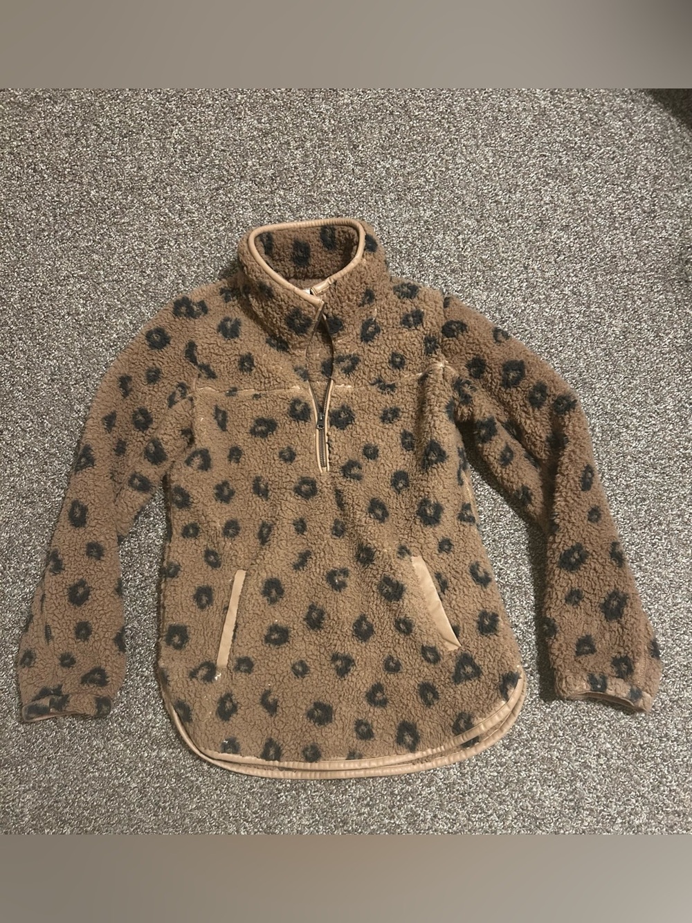 Abercrombie&Fitch S Leopard Print Teddy Pullover - Brown Quarter Zip Funnel Neck